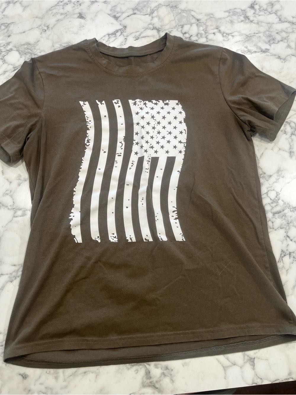 Olive Green Graphic Tee with Distressed American Flag